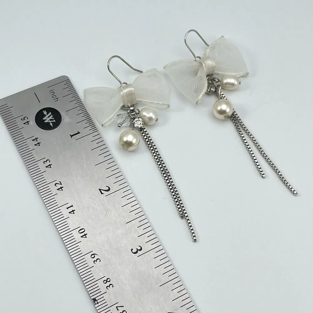 Cute Silver Tone Glass Pearl Beaded Bow Tie Chain Dangle Earrings Preppy Bridal